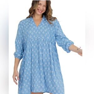 Mata Traders Sohla Mini Dress Blue White Hand Block Printed Embroidered Sz Small